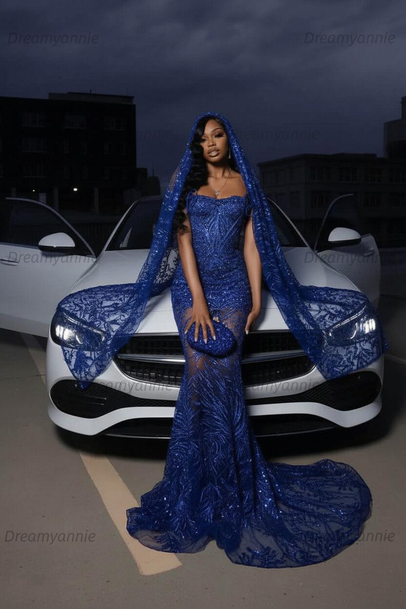 Strapless Silver Prom Dress Sequined Tulle Mermaid Formal Evening Dress