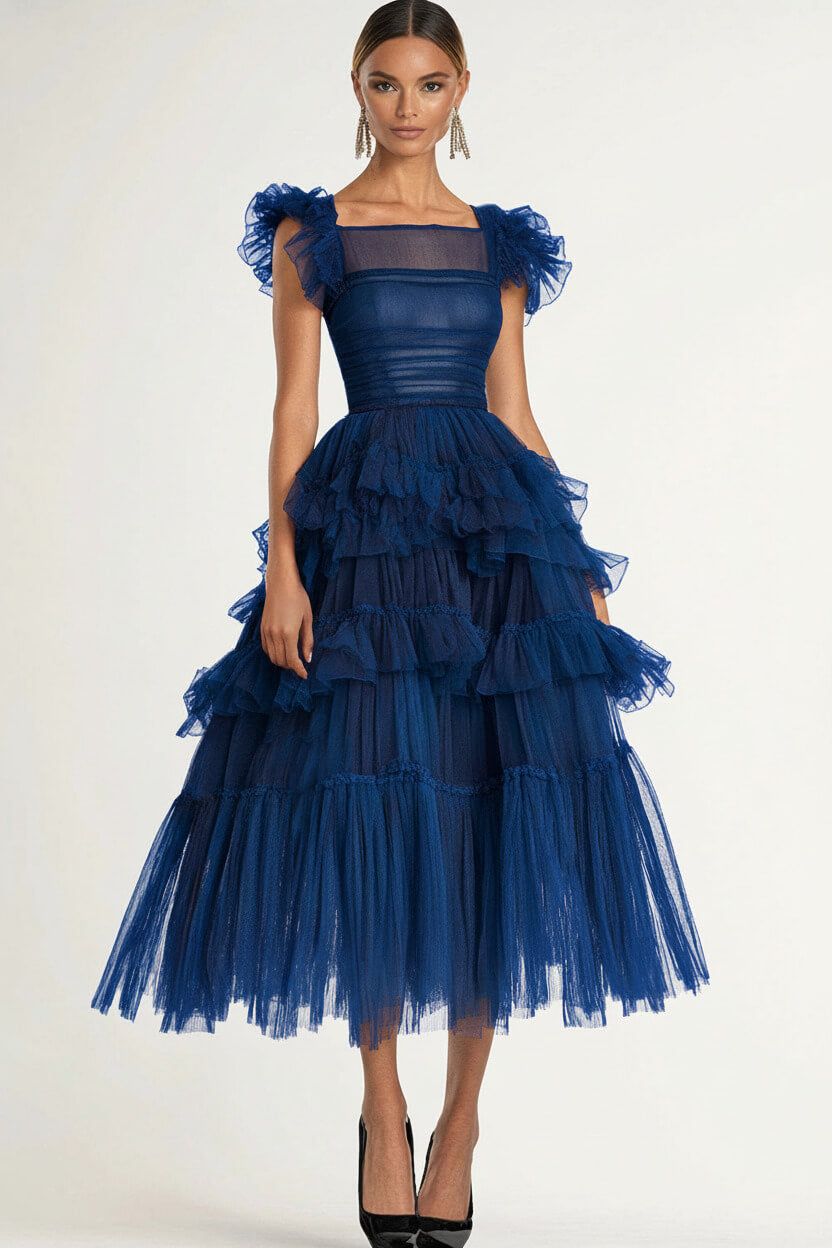 Dreamyannie Tea Length Black Wedding Guest Dress A-Line Flatter Sleeves Tulle Formal Dress With Ruffles