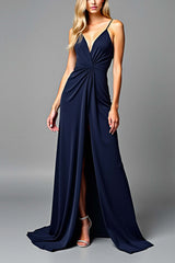 Ruched Navy Wedding Guest Dress V-Neck Long Formal Dress With Slit