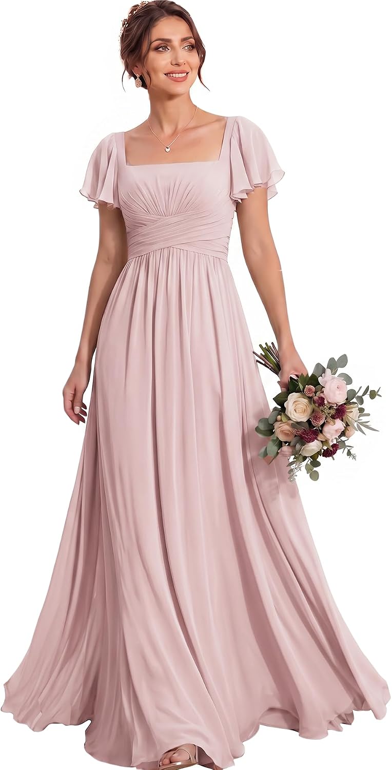 Ruched Waist Chiffon Bridesmaid Dress with Square Neck and Flutter Sleeves