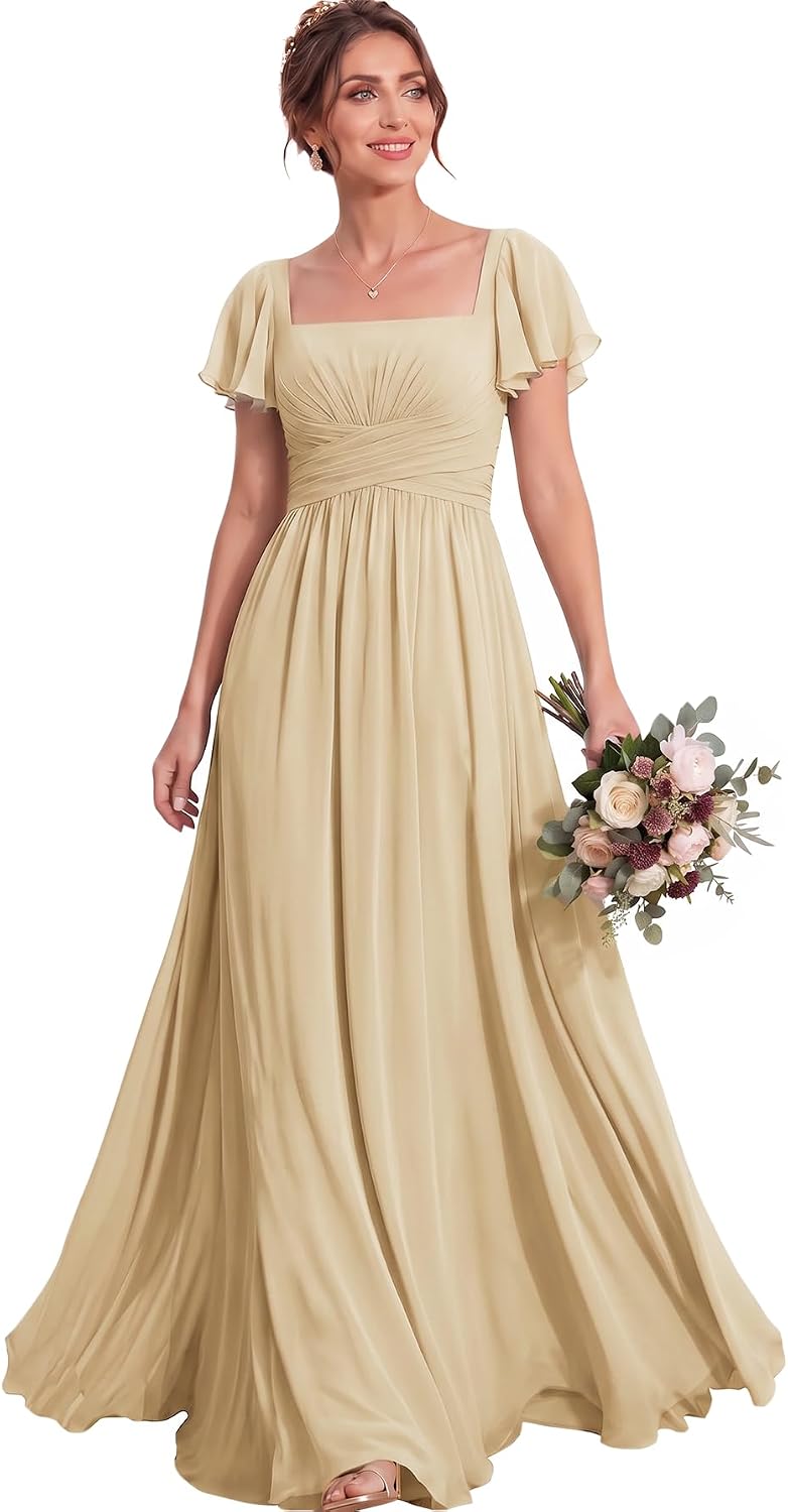 Ruched Waist Chiffon Bridesmaid Dress with Square Neck and Flutter Sleeves