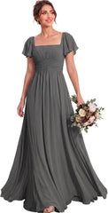 Ruched Waist Chiffon Bridesmaid Dress with Square Neck and Flutter Sleeves