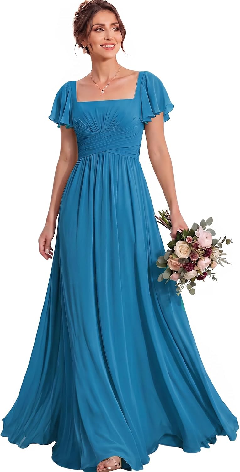 Ruched Waist Chiffon Bridesmaid Dress with Square Neck and Flutter Sleeves