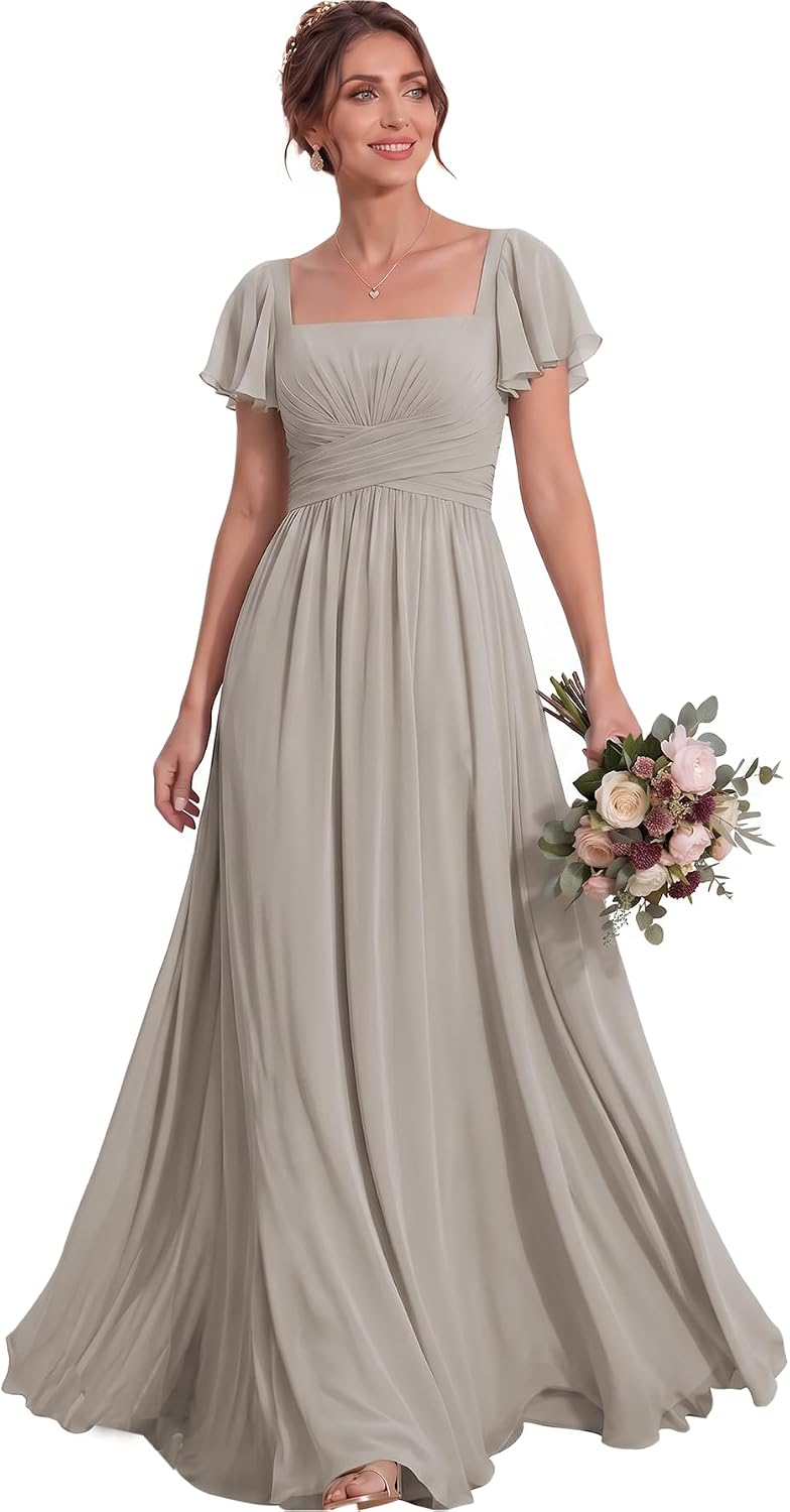 Ruched Waist Chiffon Bridesmaid Dress with Square Neck and Flutter Sleeves