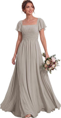 Ruched Waist Chiffon Bridesmaid Dress with Square Neck and Flutter Sleeves