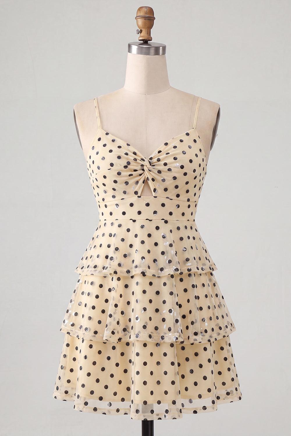 Ruffled A Line Keyhole Champagne Black Dot Short Homecoming Dress