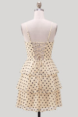 Ruffled A Line Keyhole Champagne Black Dot Short Homecoming Dress