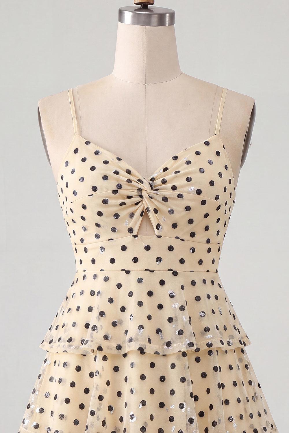 Ruffled A Line Keyhole Champagne Black Dot Short Homecoming Dress