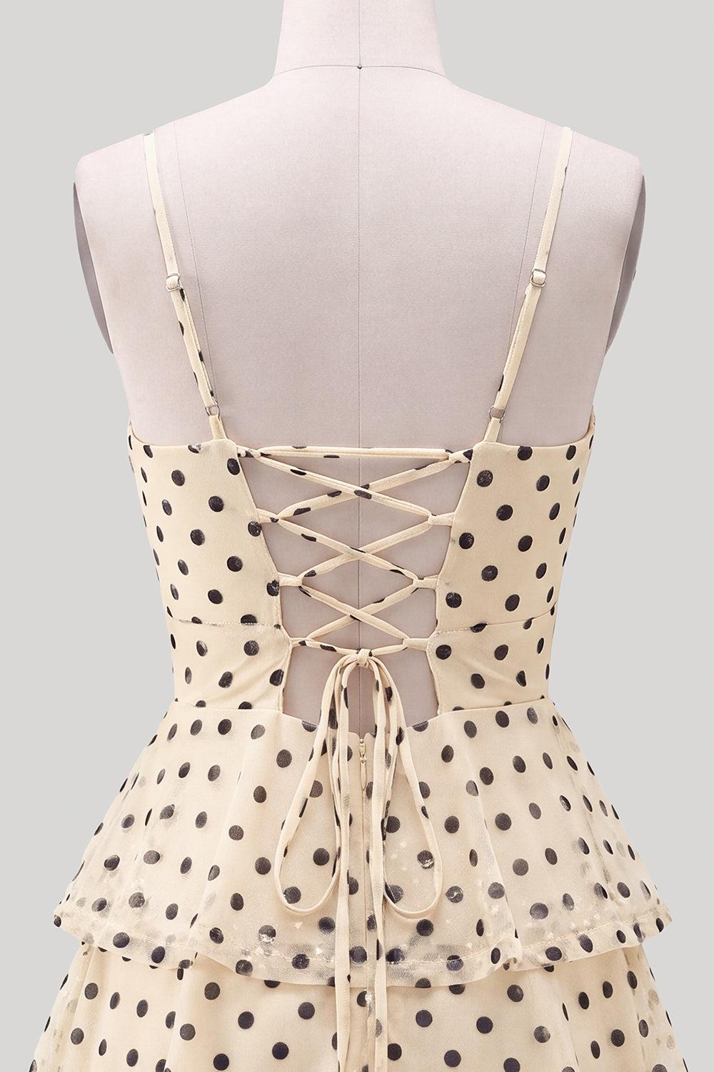 Ruffled A Line Keyhole Champagne Black Dot Short Homecoming Dress