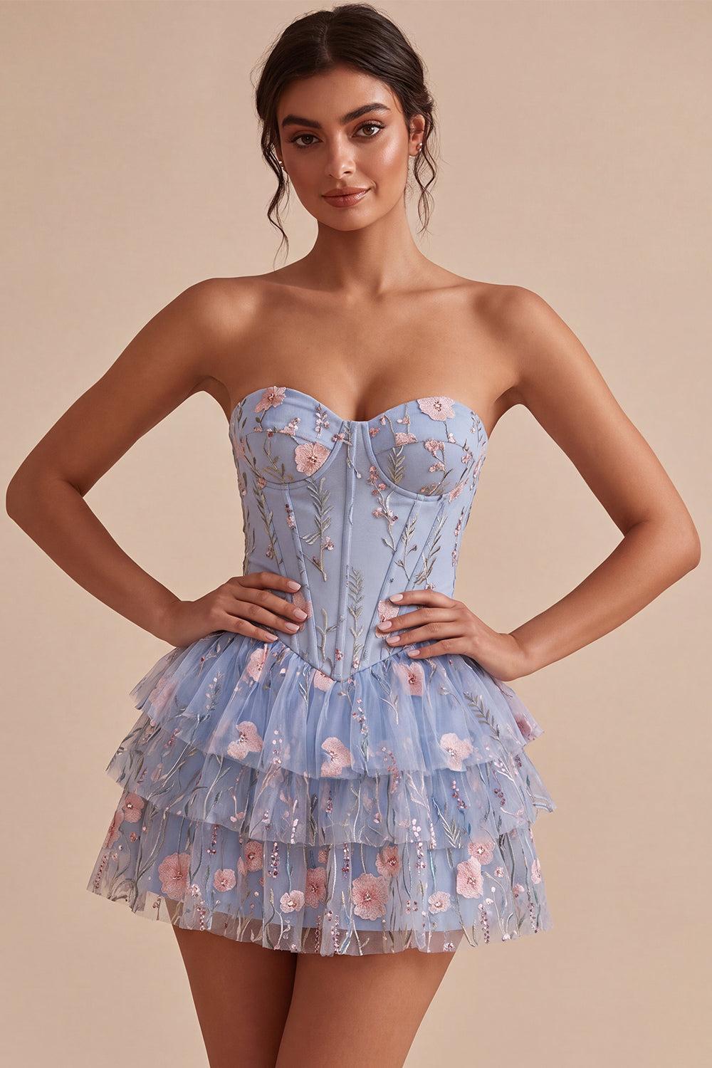 Ruffled Beaded Light Blue Corset Floral Tiered Short Homecoming Dress