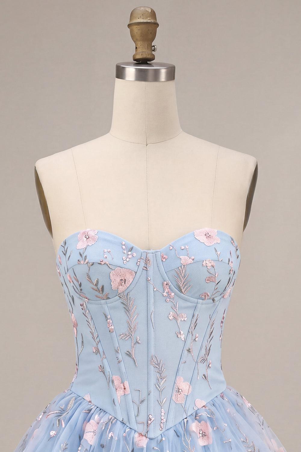 Ruffled Beaded Light Blue Corset Floral Tiered Short Homecoming Dress