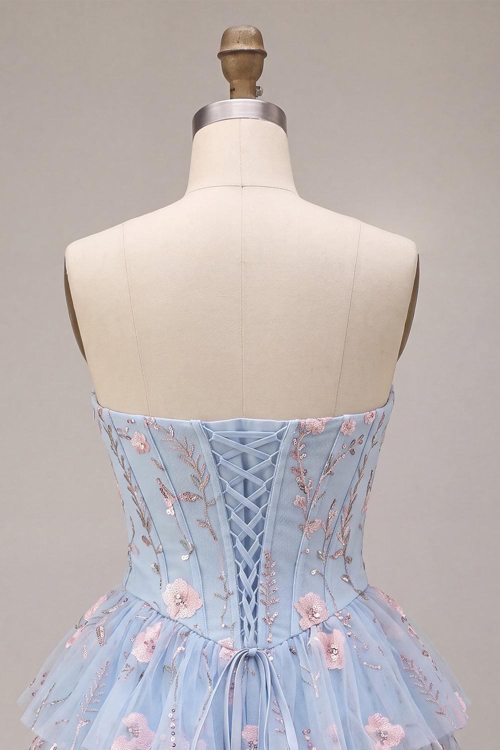 Ruffled Beaded Light Blue Corset Floral Tiered Short Homecoming Dress