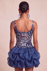 Ruffled Beaded Sparkly Navy Bubble A Line Floral Mini Homecoming Dress