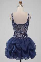 Ruffled Beaded Sparkly Navy Bubble A Line Floral Mini Homecoming Dress