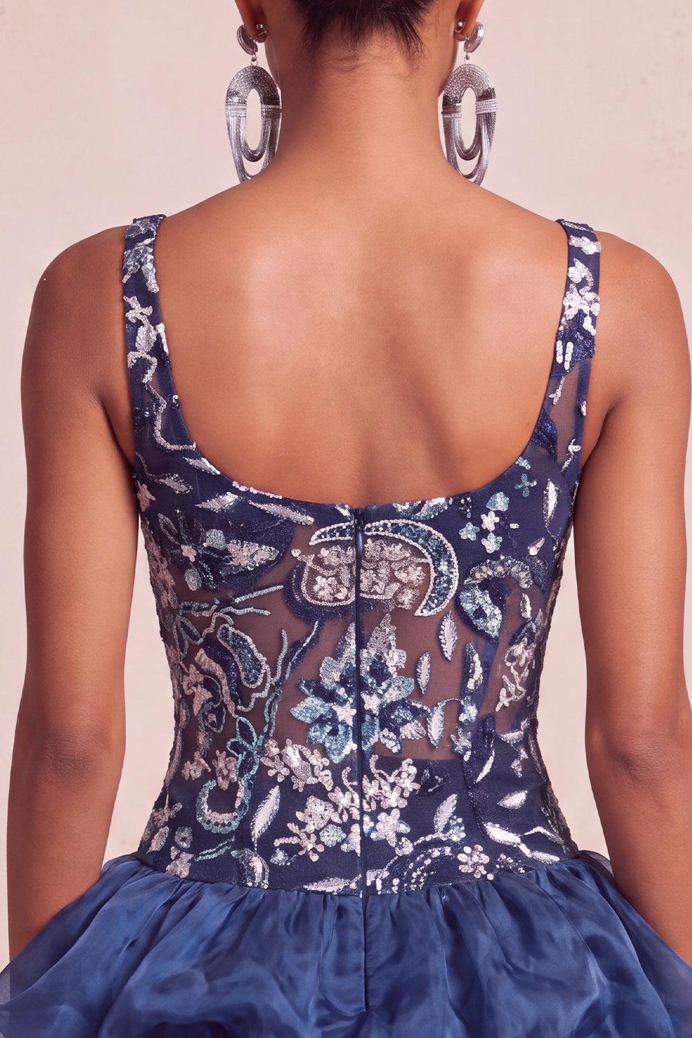 Ruffled Beaded Sparkly Navy Bubble A Line Floral Mini Homecoming Dress