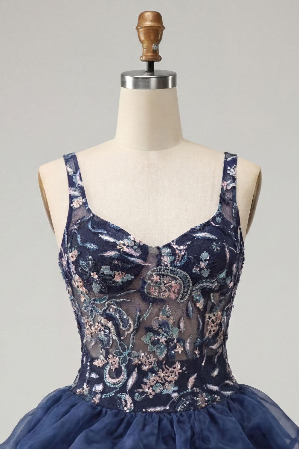 Ruffled Beaded Sparkly Navy Bubble A Line Floral Mini Homecoming Dress