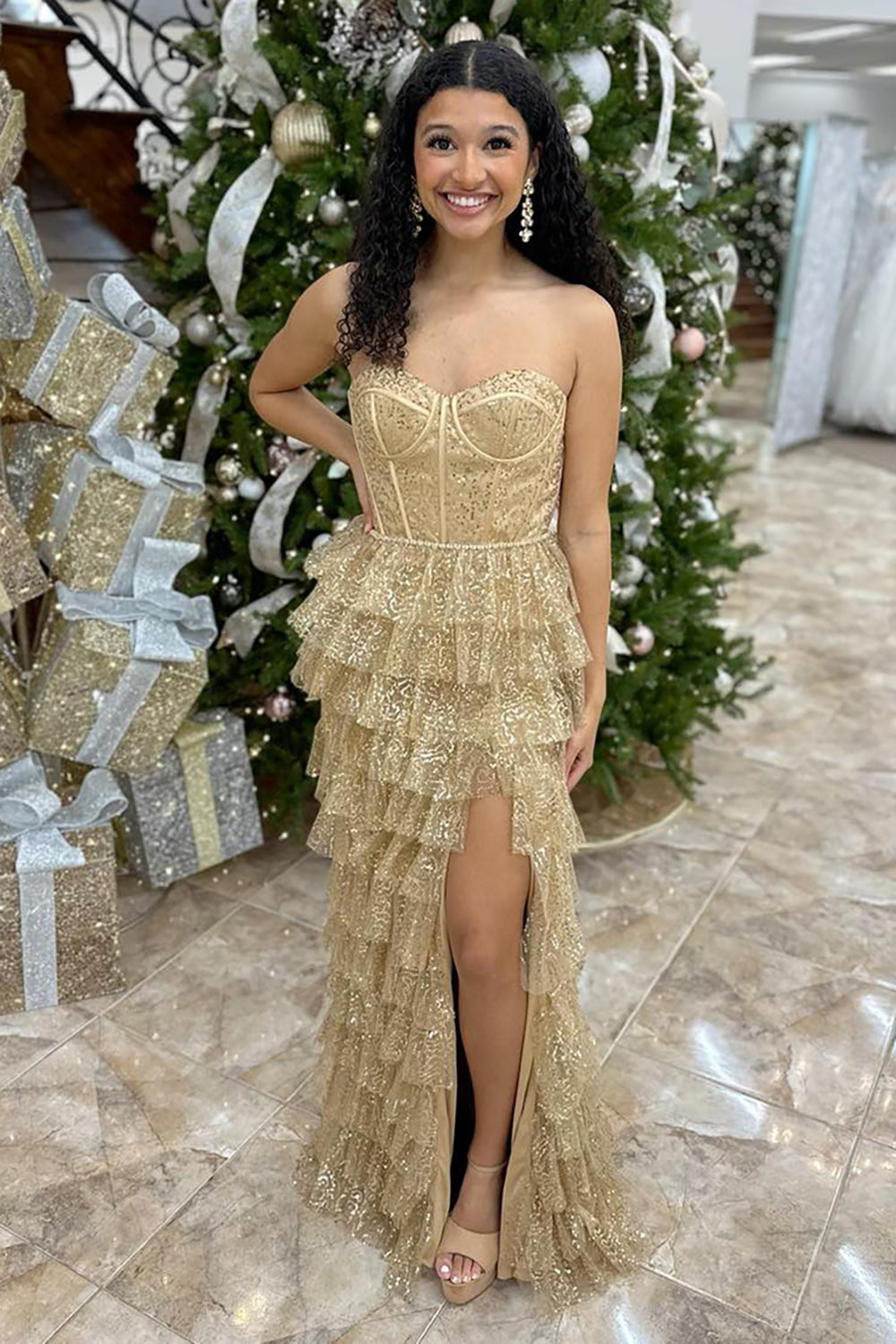 Ruffled Gold Prom Dress Sweetheart Long Formal Dress With Slit