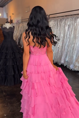 Ruffled Hot Pink Prom Dress Corset Halter Long Formal Dress With Lace