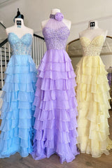 Ruffled Hot Pink Prom Dress Corset Halter Long Formal Dress With Lace
