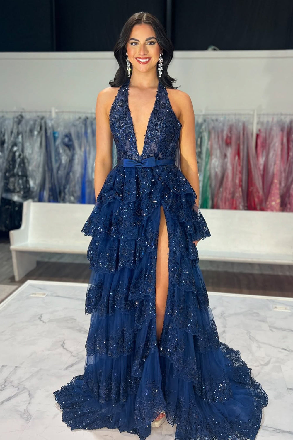 Ruffled Navy Prom Dress Halter Long Formal Dress With Slit