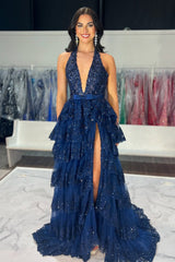 Ruffled Navy Prom Dress Halter Long Formal Dress With Slit