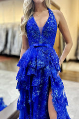 Ruffled Royal Blue Prom Dress Halter Appliqued Formal Dress With Slit
