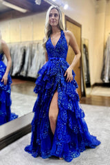 Ruffled Royal Blue Prom Dress Halter Appliqued Formal Dress With Slit