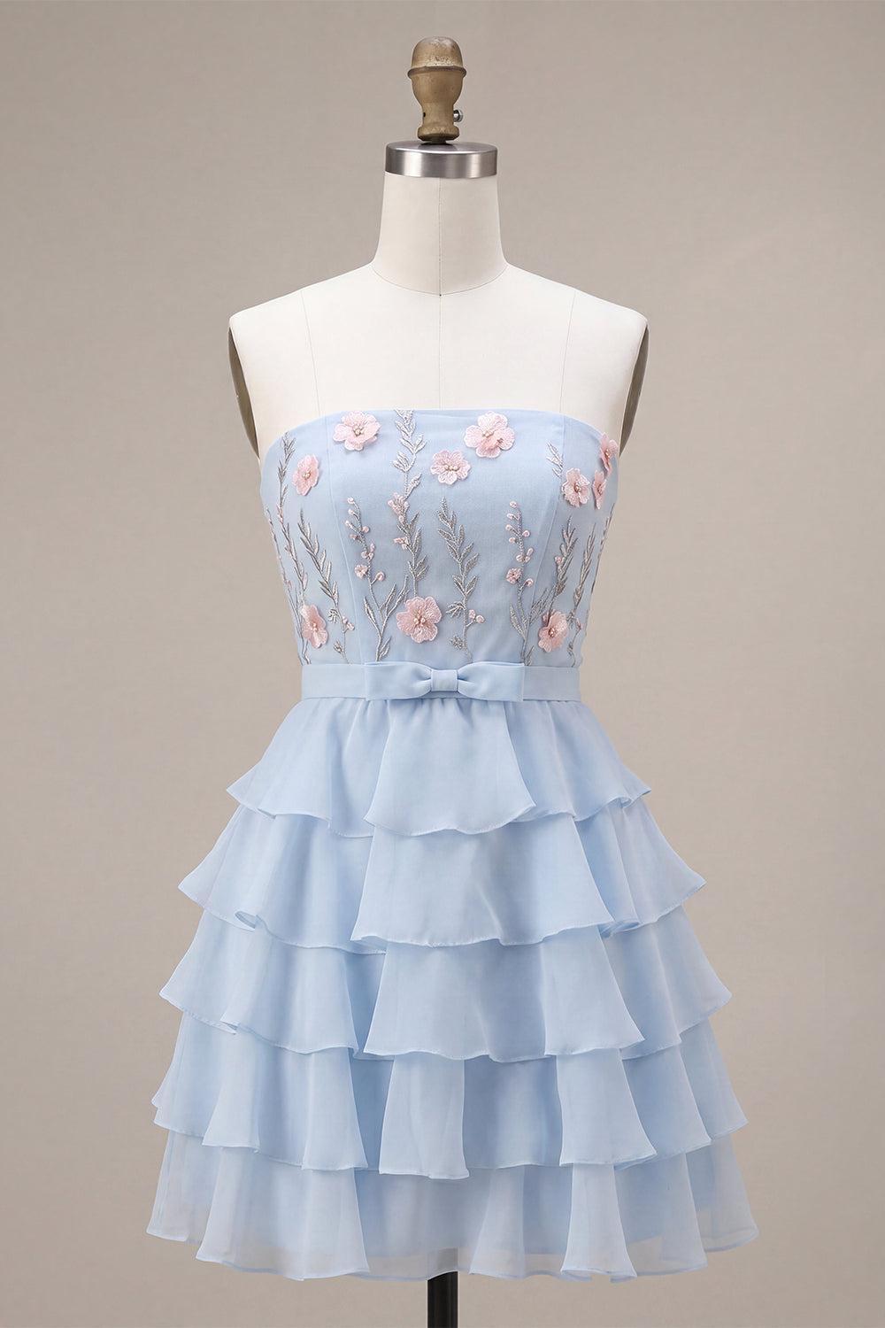 Ruffled Sky Blue Floral Tiered A Line Short Homecoming Dress with Bow