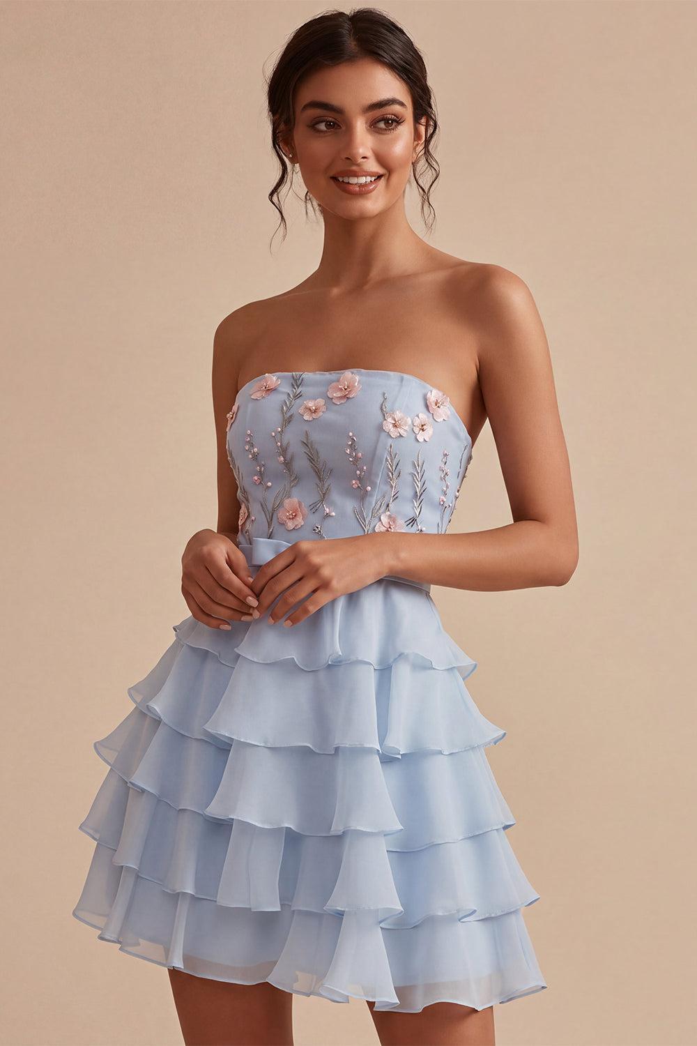 Ruffled Sky Blue Floral Tiered A Line Short Homecoming Dress with Bow