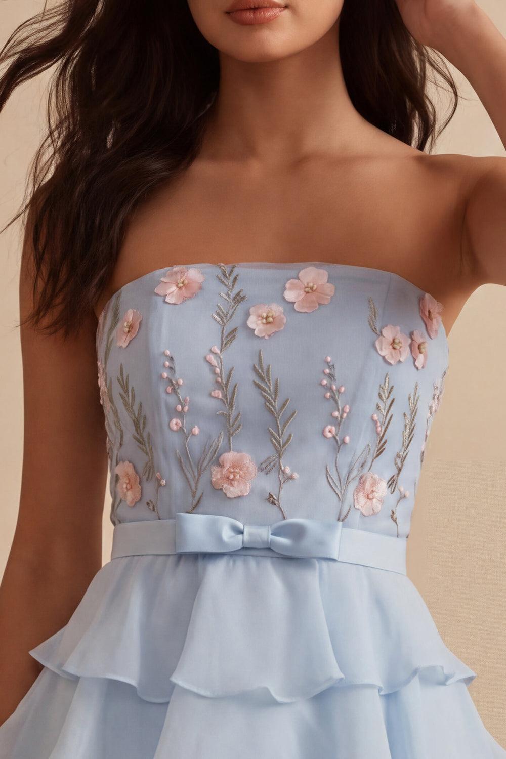 Ruffled Sky Blue Floral Tiered A Line Short Homecoming Dress with Bow