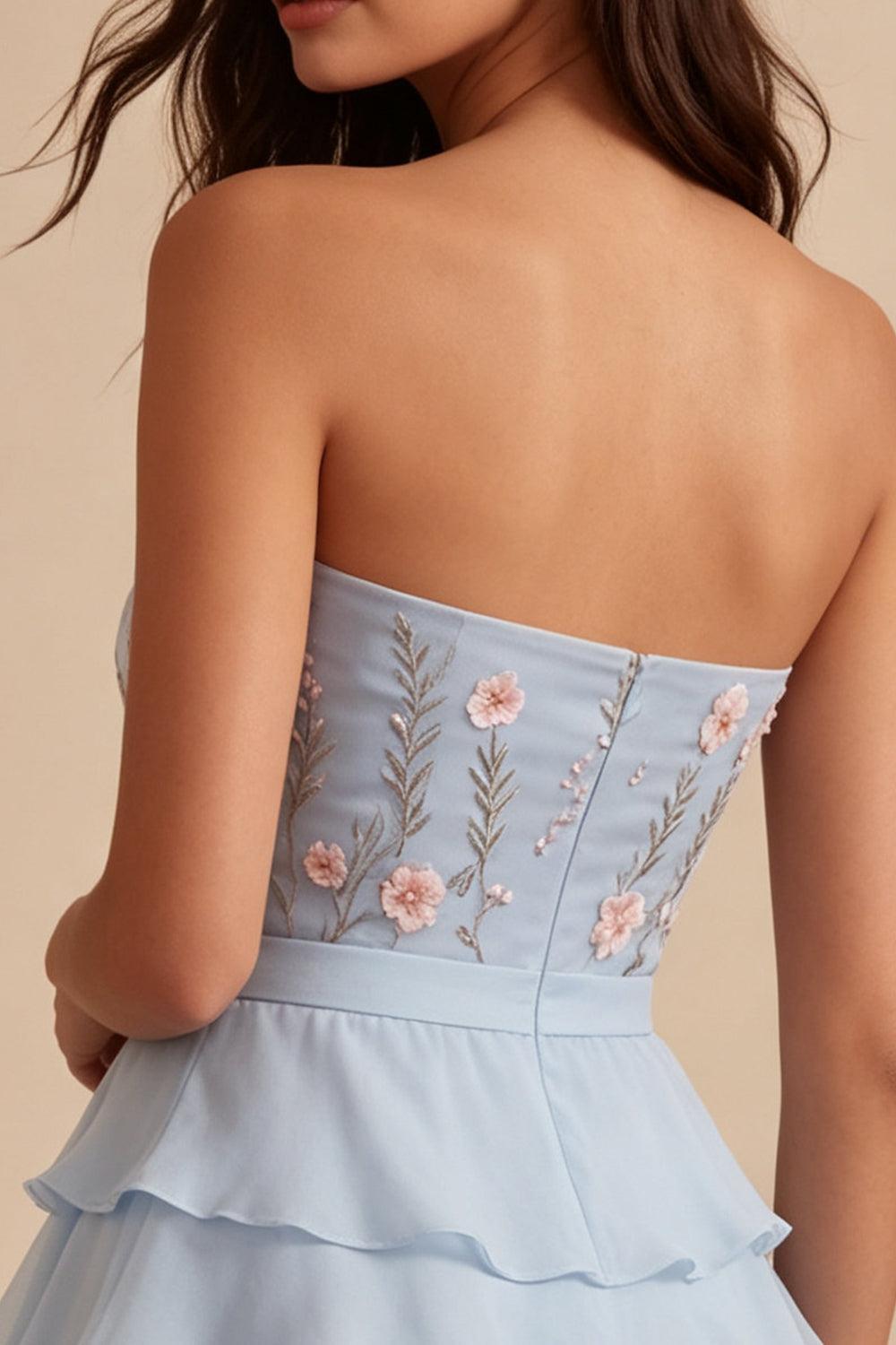 Ruffled Sky Blue Floral Tiered A Line Short Homecoming Dress with Bow