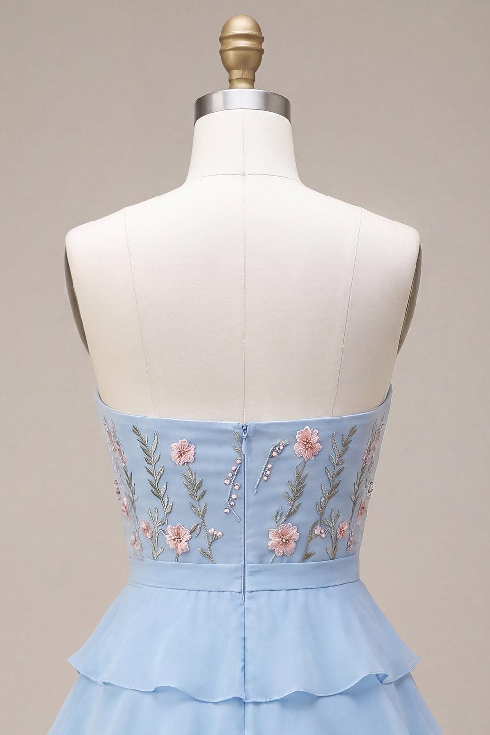 Ruffled Sky Blue Floral Tiered A Line Short Homecoming Dress with Bow
