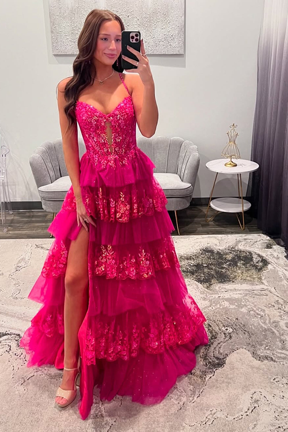 Ruffled Spaghetti Straps Fuchsia Prom Dress Formal Dress With Appliques