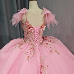 Rushed Romantic Pink Quinceanera Dress V Neck Appliques Organza Pattern Spaghetti Straps Ball Gown Dress