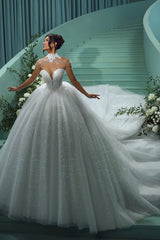 Glitter Tulle Wedding Dress Sweetheart Ball Gown Beaded Bridal Gown