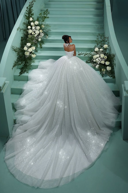 Glitter Tulle Wedding Dress Sweetheart Ball Gown Beaded Bridal Gown