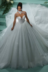 Glitter Tulle Wedding Dress Sweetheart Ball Gown Beaded Bridal Gown