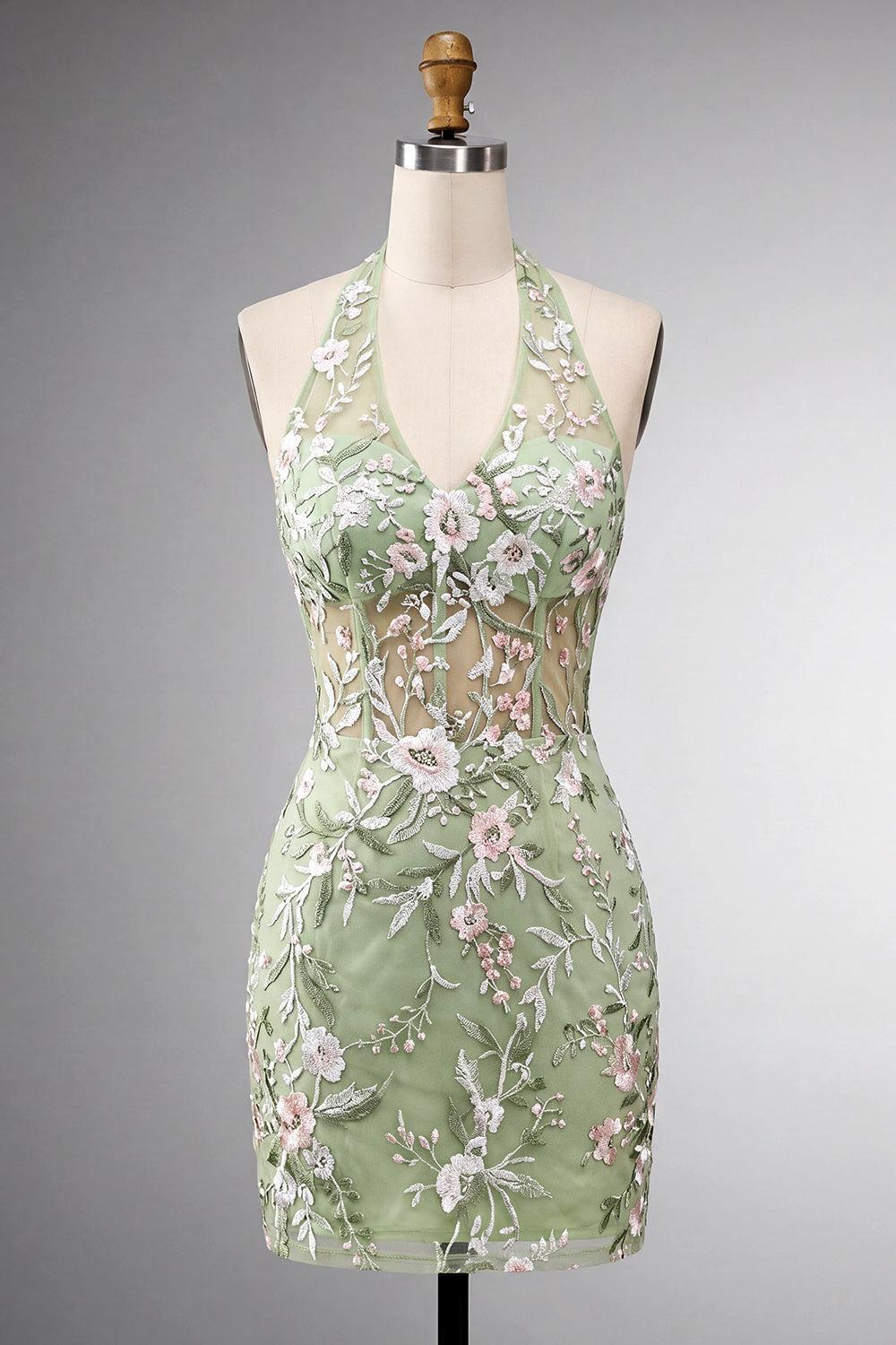 Sage Green Corset Floral Tight Short Halter Homecoming Dress