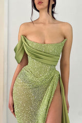 Sage Green Off-The-Shoulder Beaded Prom Dress With High Slit Formal Evening Gown