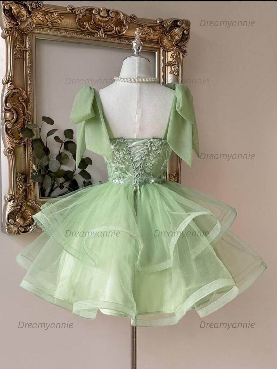 Sage Green Sweetheart Lace Corset Homecoming Dress with Bow Straps & Tiered Tulle Skirt