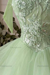Sage Green Sweetheart Lace Corset Homecoming Dress with Bow Straps & Tiered Tulle Skirt
