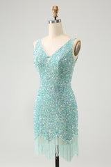 Sage Homecoming Dress Sequin Tight Short Prom Dress With Fringes