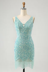 Sage Homecoming Dress Sequin Tight Short Prom Dress With Fringes