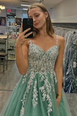 Sage Prom Dress Floral A-Line Spaghetti Straps Long Formal Dress