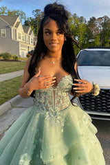 Sage Prom Dress Floral Tiered Ruffles A-Line Sweetheart Corset Long Formal Dress