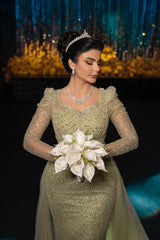 Sage Prom Dress Mermaid Square Sleeves Sequined Panel Train Tulle Formal Dress With Rhinestones