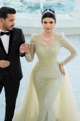 Sage Prom Dress Mermaid Square Sleeves Sequined Panel Train Tulle Formal Dress With Rhinestones