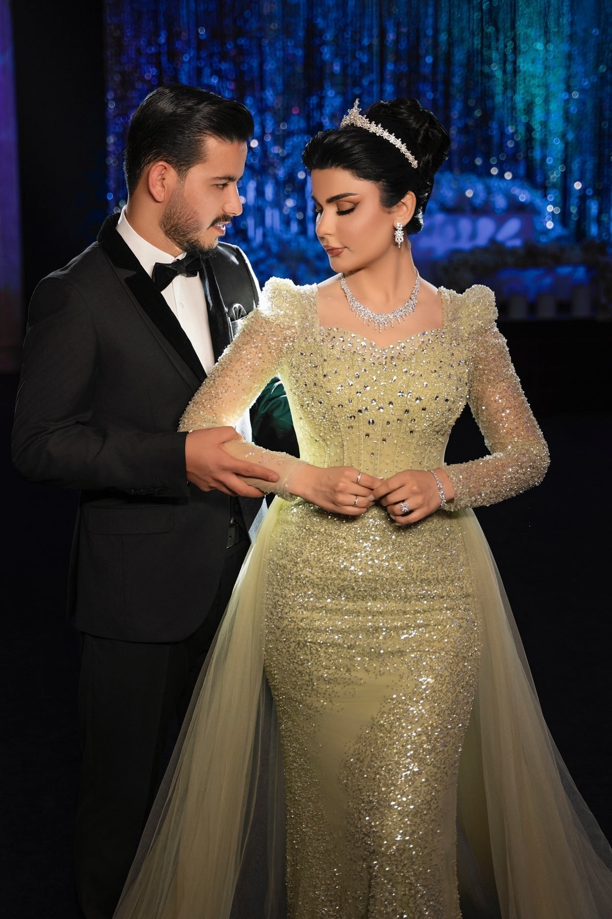 Sage Prom Dress Mermaid Square Sleeves Sequined Panel Train Tulle Formal Dress With Rhinestones