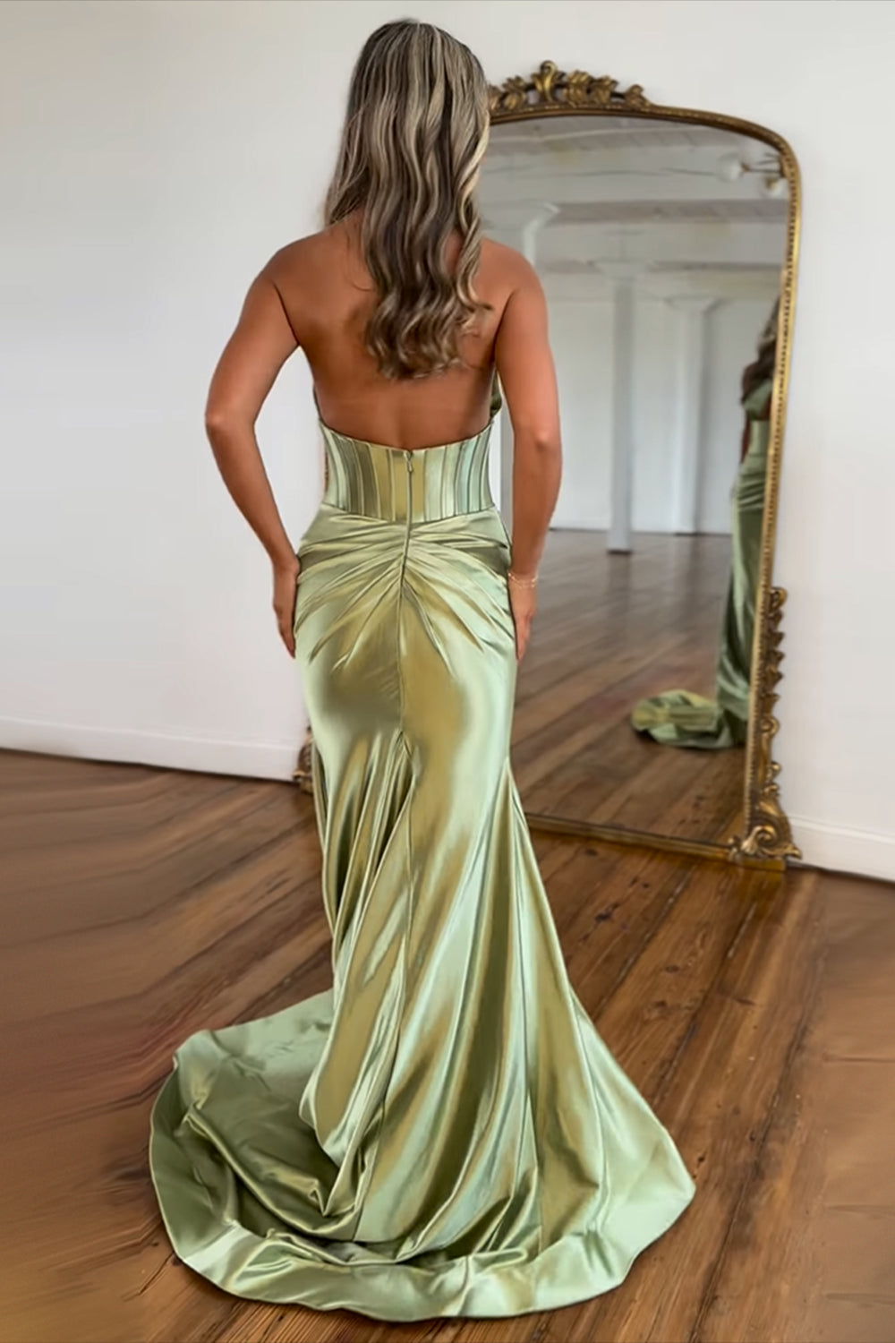 Sage Prom Dress Satin Cross Halter Mermaid Formal Dress