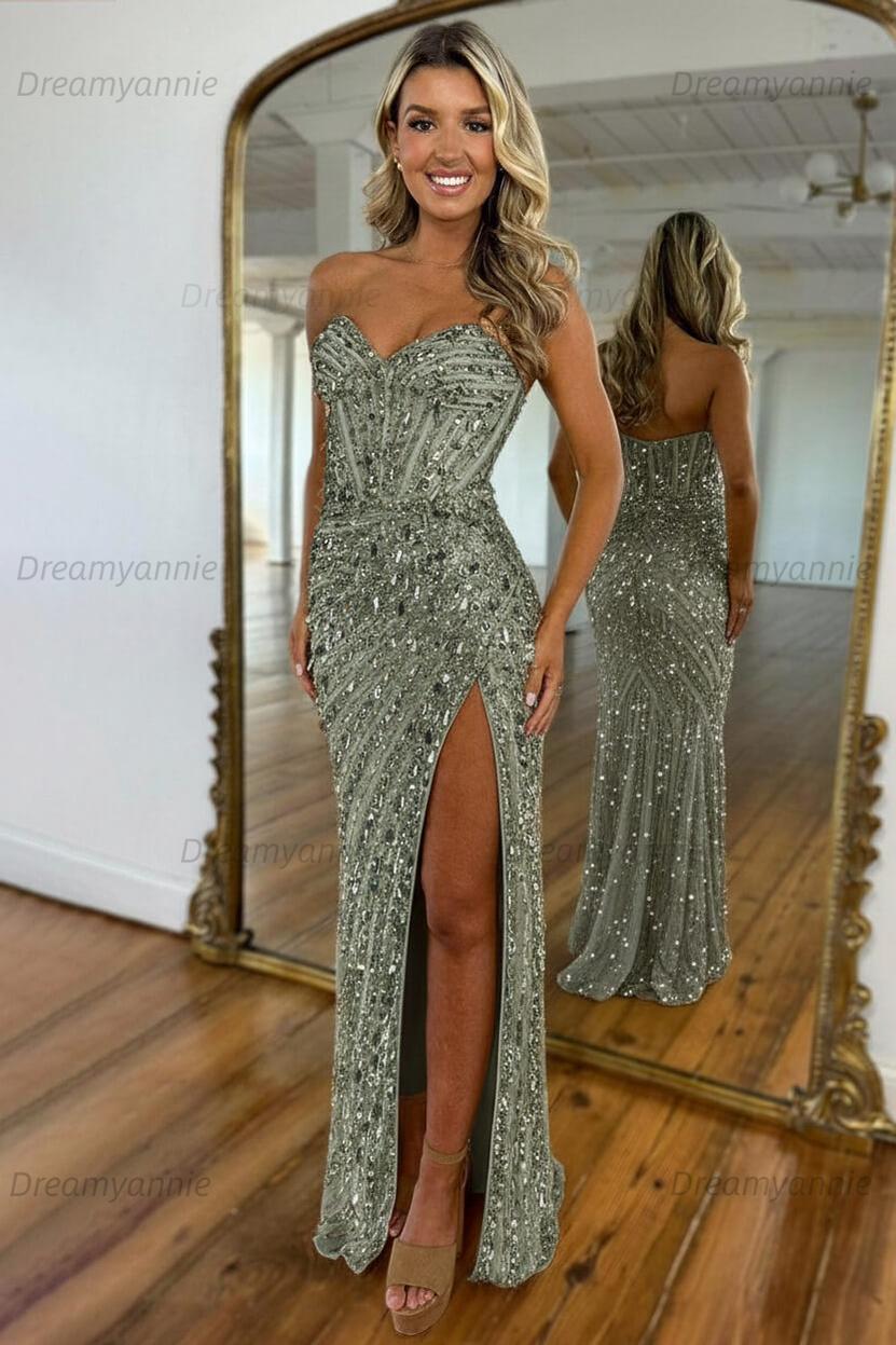 Sweetheart Mermaid Sequined Prom Dress With High Slit Skirt Formal Evening Gown